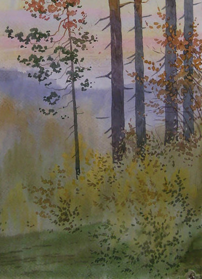Watercolor Evening Forest painting by Valery Savenets with autumn foliage