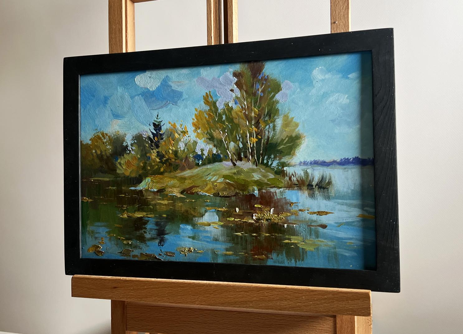 Oil painting The river washes the forest by Yuriy Suprunchuk in black frame
