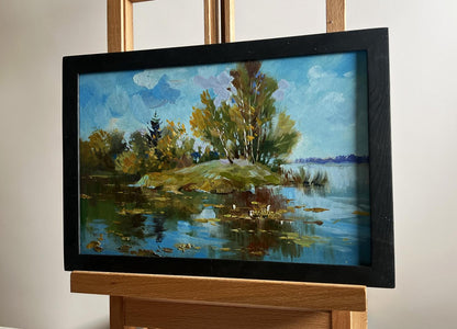 Oil painting The river washes the forest by Yuriy Suprunchuk in black frame