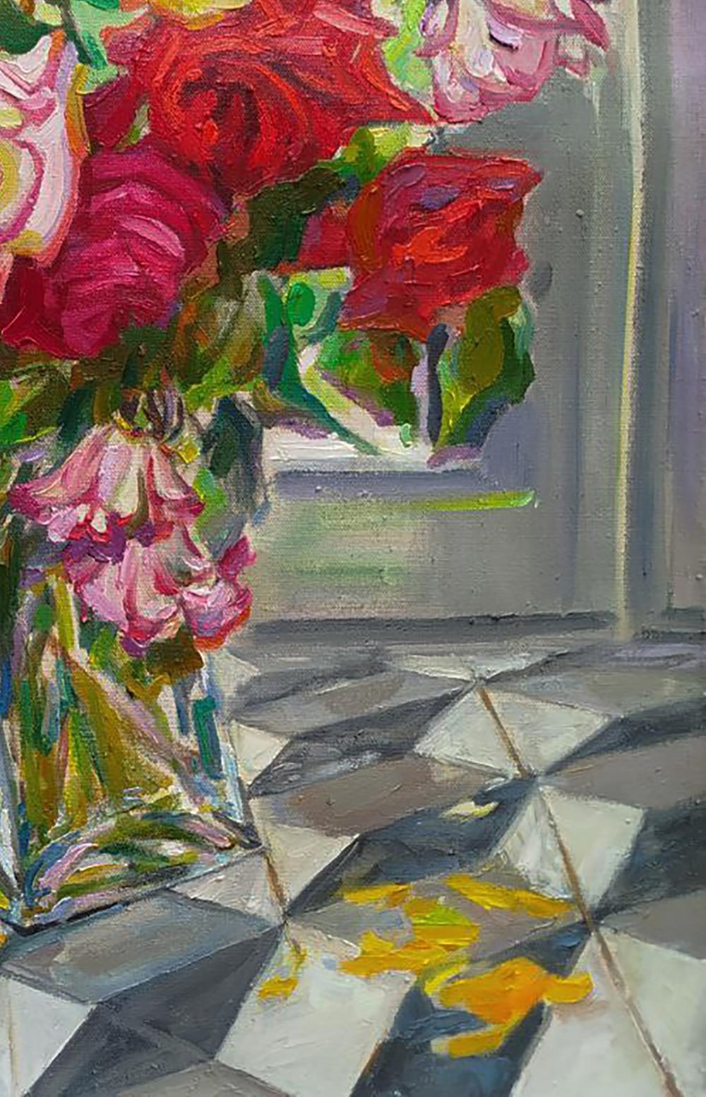 Oil painting of vibrant red and pink roses bouquet in vase by Leonid Pavlenko