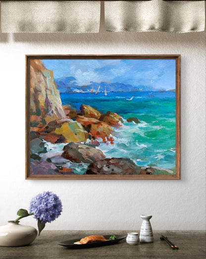 Oil painting by Yuriy Suprunchuk: sea waves crashing on rocks in wooden frame