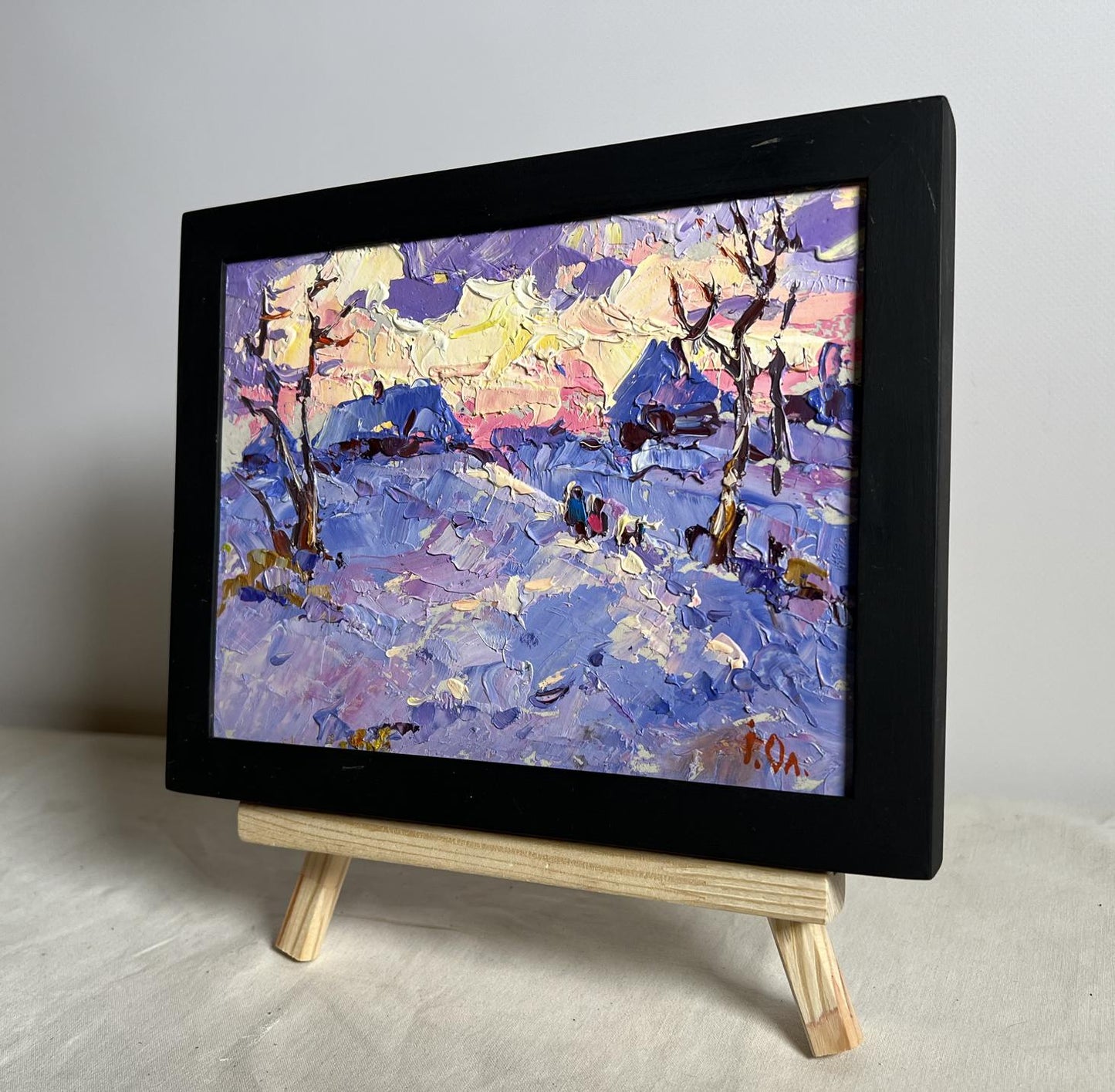 Oil painting Romantic winter evening by Oleksiy Ivanyuk in black frame