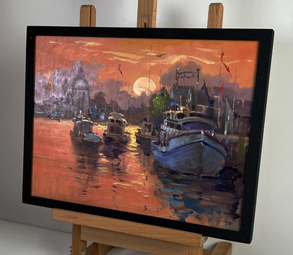 Oil painting Ferry with romantic sunset by Yuriy Suprunchuk