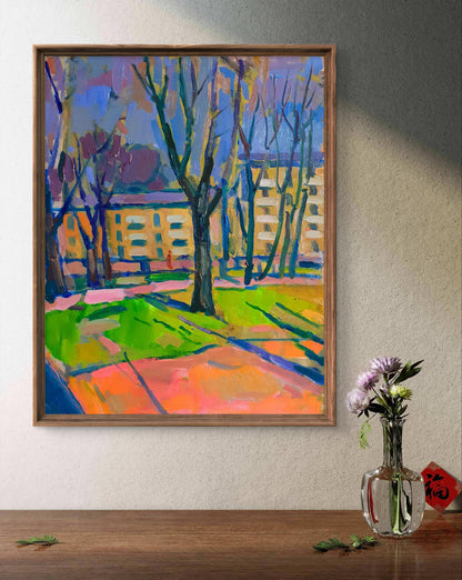 Oil painting Urban landscape with park by Pavel Dobrev in wooden frame