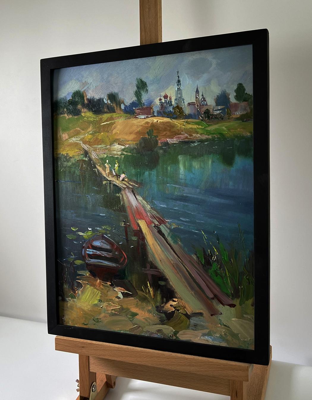 Oil painting of children walking by river in riverside village by Yuriy Suprunchuk