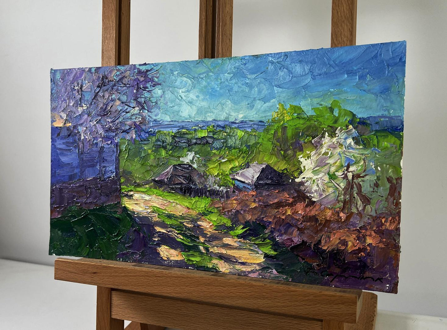 Oil painting Village in the spring silence by Boris Serdyuk impasto landscape