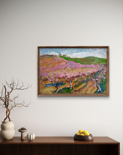 Framed impressionistic oil painting of pink blossoming orchard by Oleksandr Andreev
