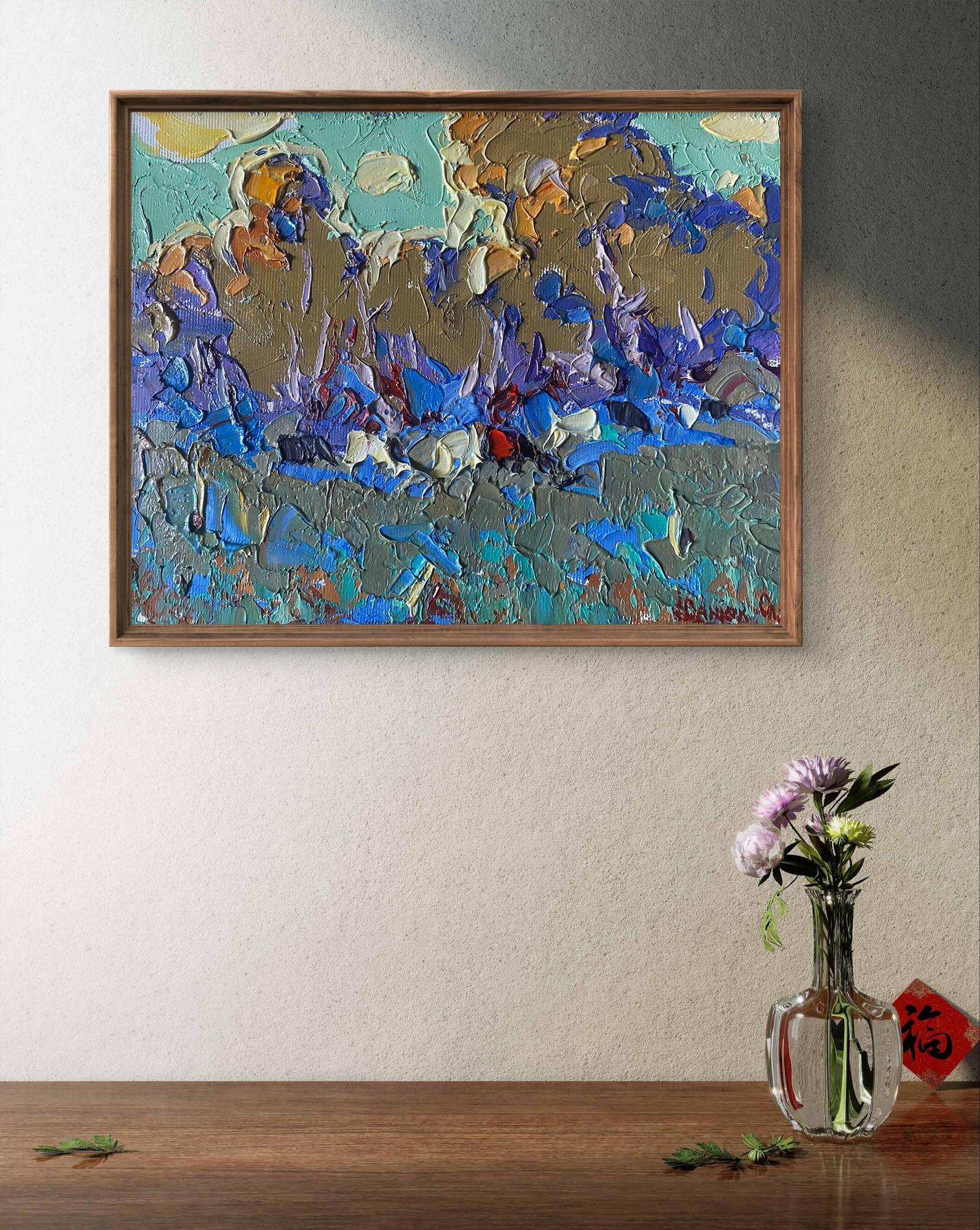 Oil painting They are grazing in the field by Oleksiy Ivanyuk in blue purple gold teal