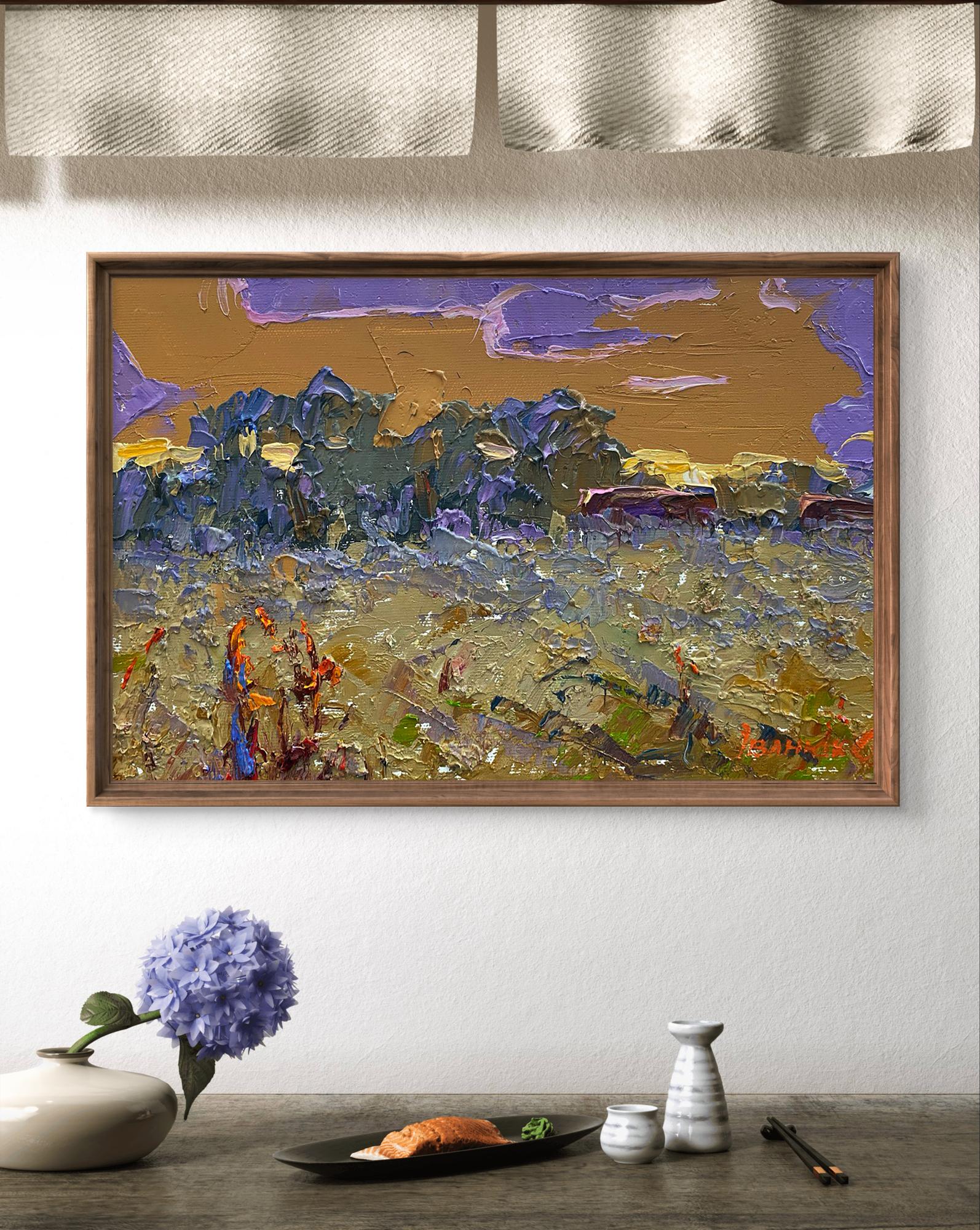 Framed Oil painting In the steppes by Oleksiy Ivanyuk, abstract textured landscape