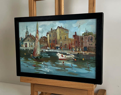 Black-framed oil painting of ancient Venice streets harbor by Yuriy Suprunchuk