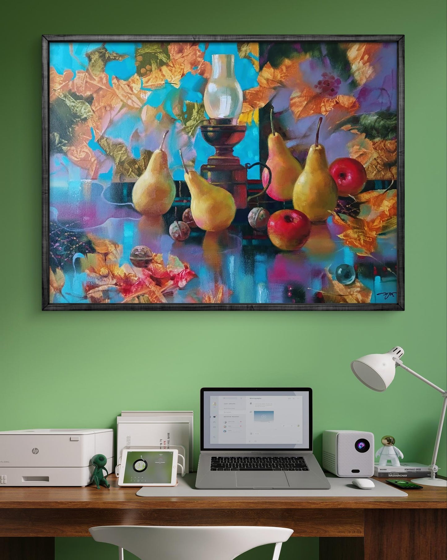 Abstract Autumn still life oil painting by Anatoly Tarabanov with pears, apples, lamp