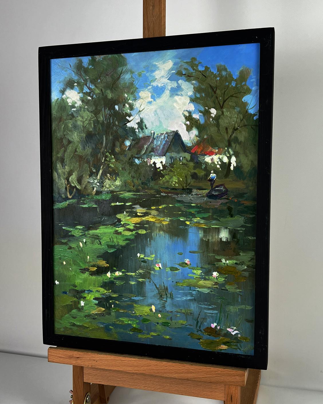 Framed oil painting of village lake with lily pads by Yuriy Suprunchuk