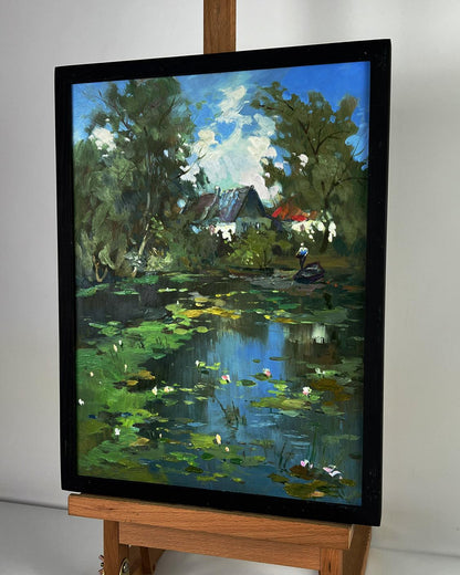 Framed oil painting of village lake with lily pads by Yuriy Suprunchuk