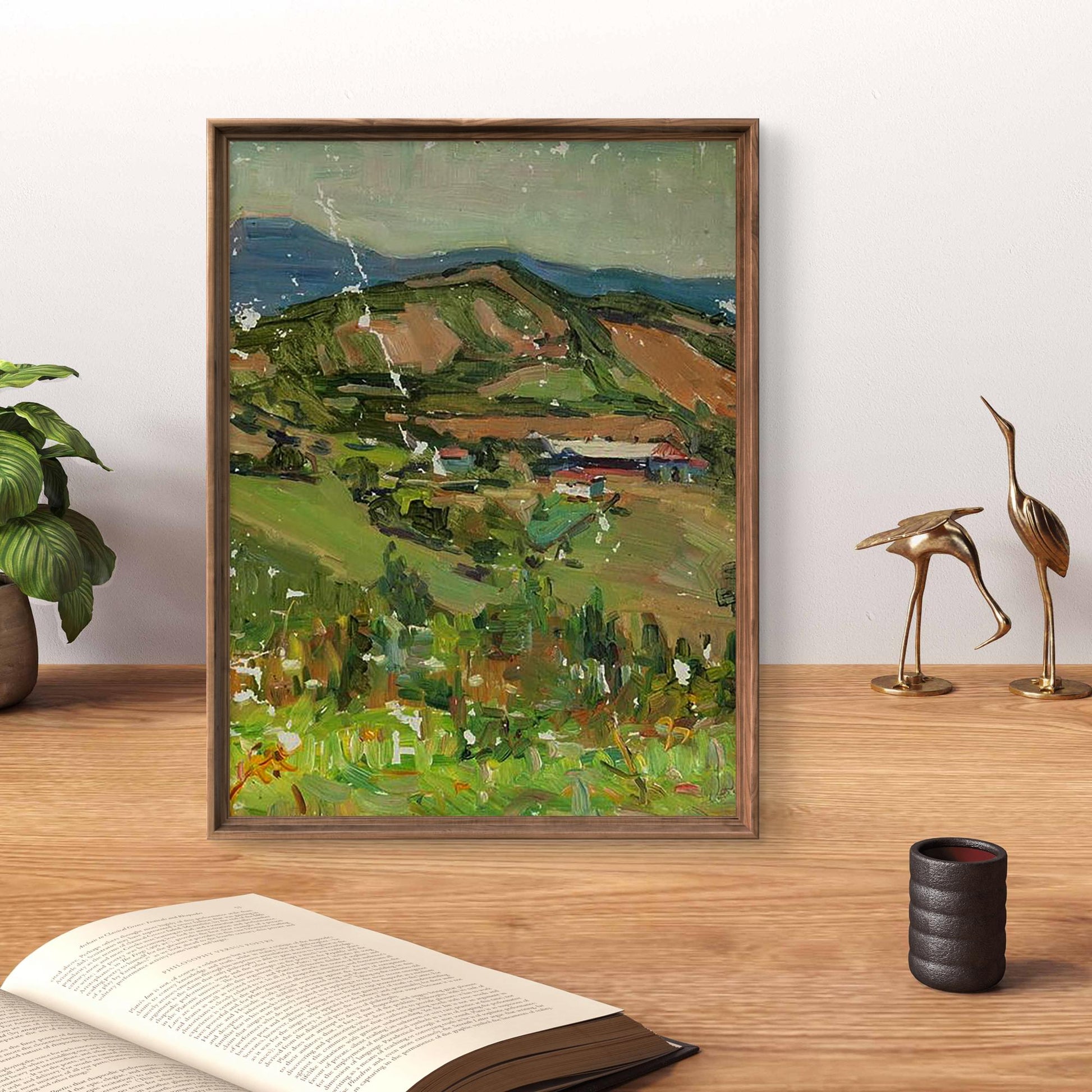 Framed Oil painting Valley in spring by Oleksandr Andreev, impressionist hills