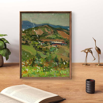 Framed Oil painting Valley in spring by Oleksandr Andreev, impressionist hills