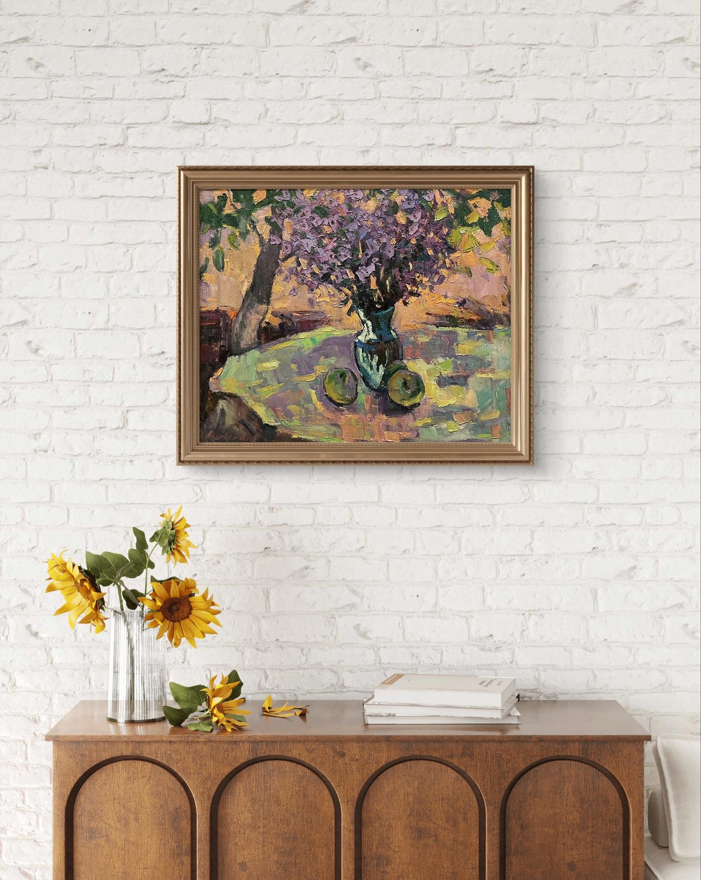 Oil painting Summer bouquet by Oleksandr Andreev: purple lilacs in teal vase