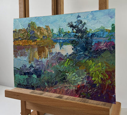 Vibrant impasto oil painting The world is in water by Boris Serdyuk lakeside scene