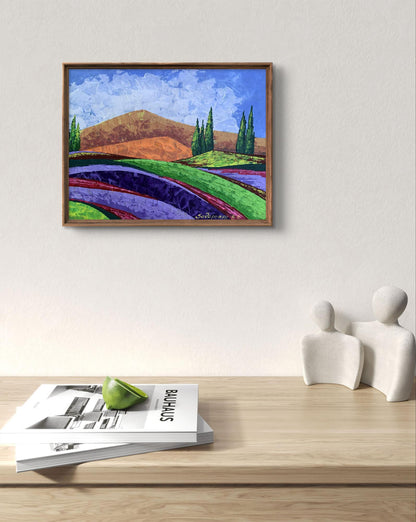 Oil painting In the Mountains by V. Zadorozhnya vibrant hills in purple green orange