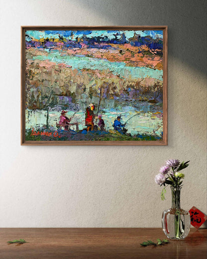 Framed impressionist oil painting Fishing with friends by Oksana Ivanyuk