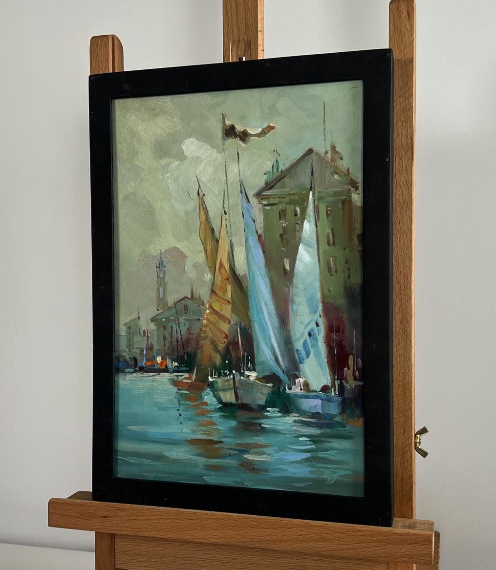 Framed oil painting of quiet Venice harbor by Yuriy Suprunchuk