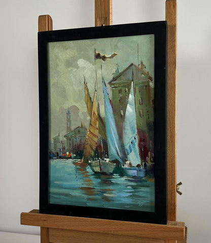 Framed oil painting of quiet Venice harbor by Yuriy Suprunchuk
