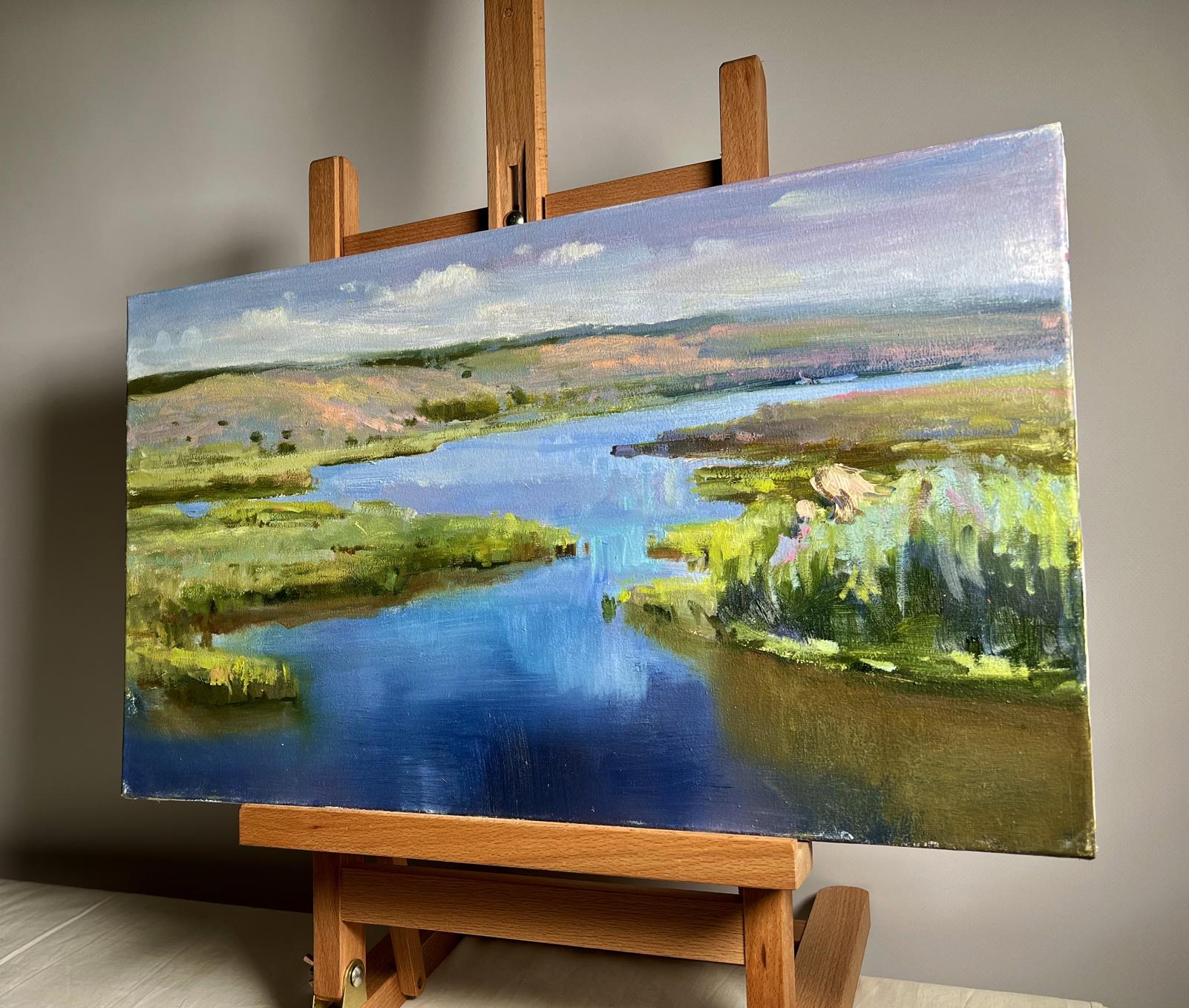 Oil painting Bright sunny summer day by Tatyana Derdey serene river hills