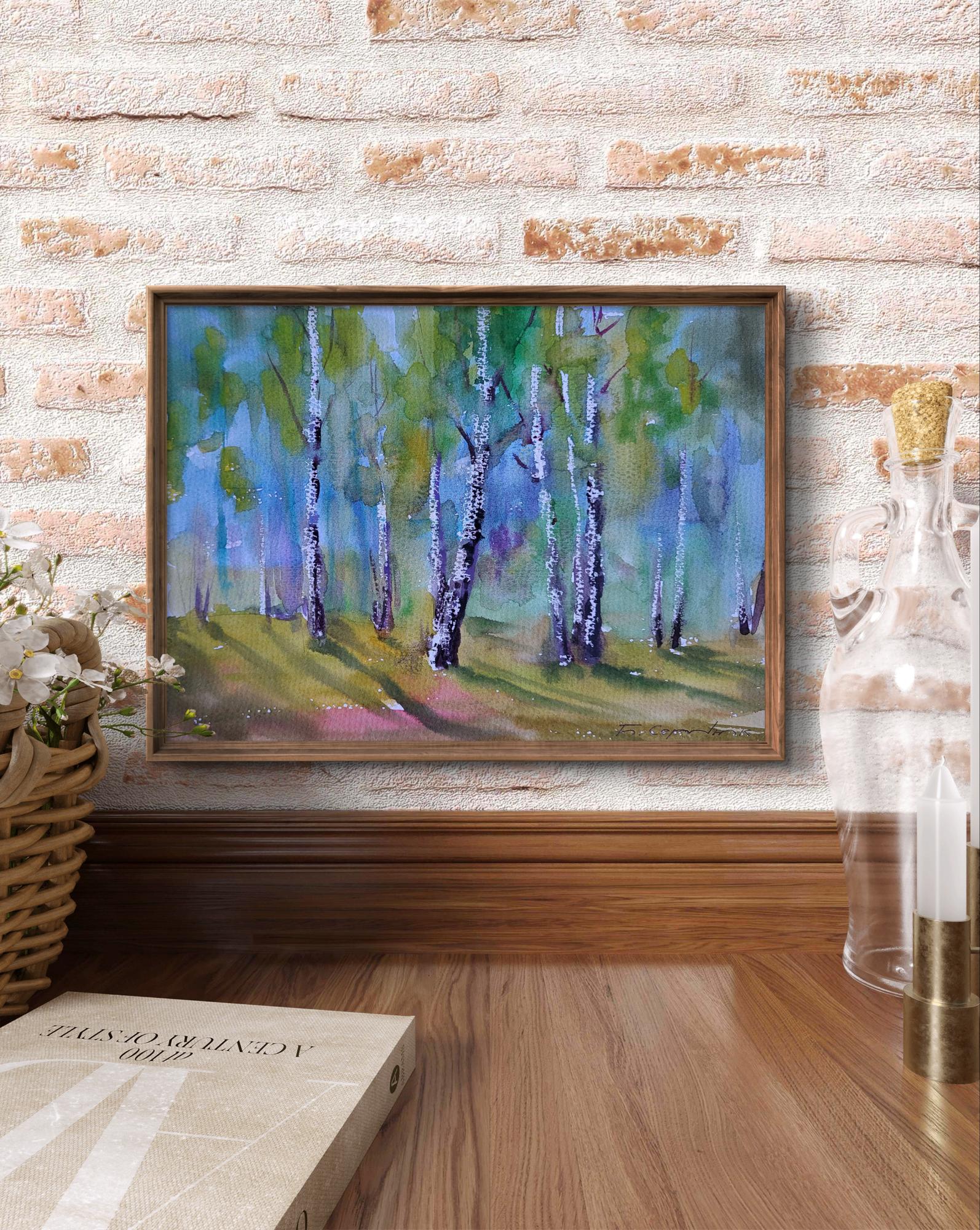 Framed watercolor Spring in the birches by Boris Serdyuk, blue-green birch forest