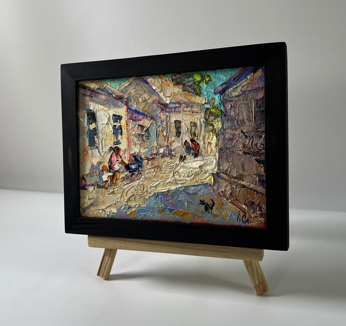 Oil painting Busy city street by Oleksiy Ivanyuk, textured street scene