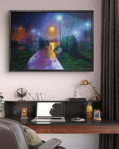 Oil painting Under the rain by Boris Serdyuk: moody night pathway in rain