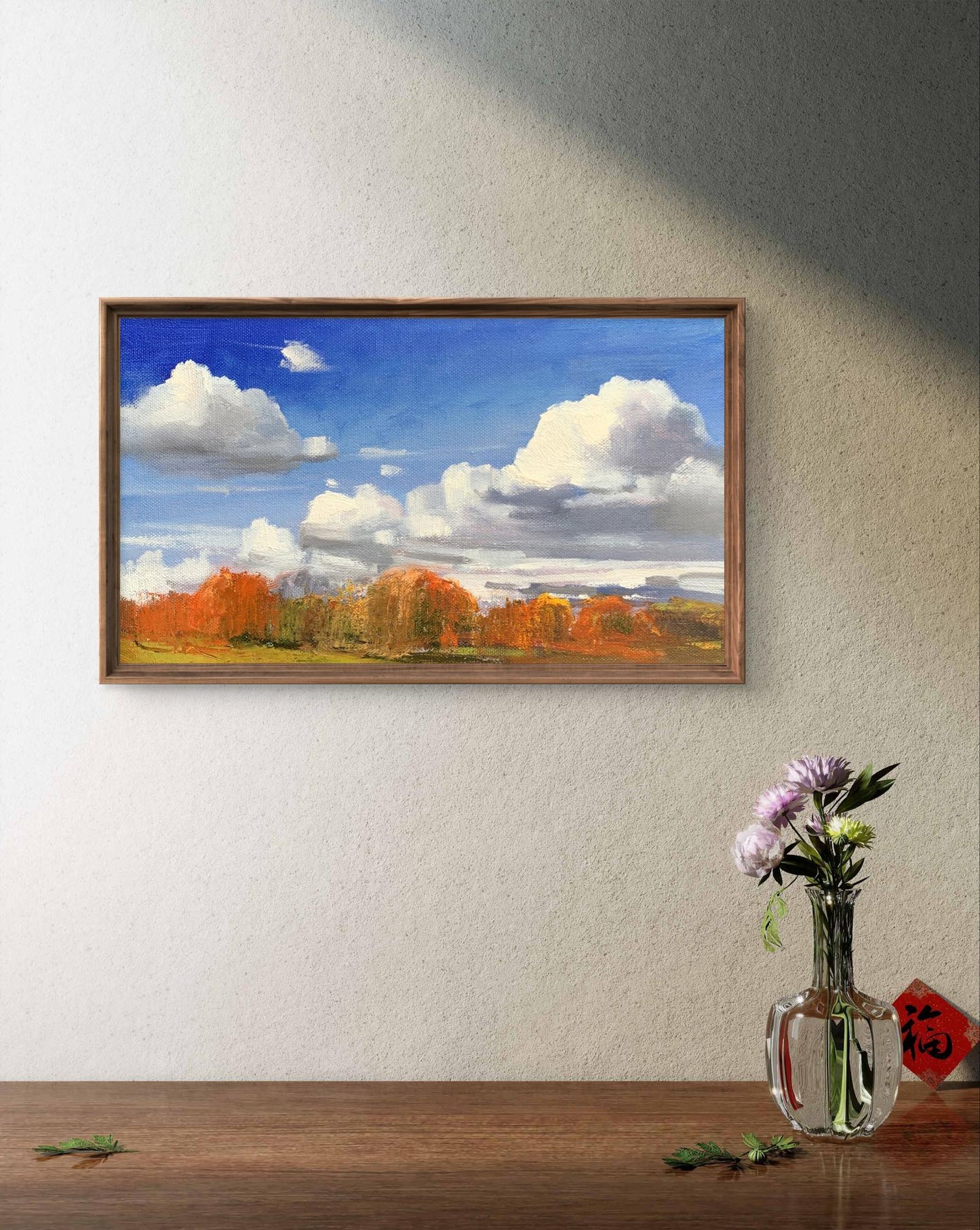 Oil painting Cloudy day Tatyana Derdey autumn landscape in wooden frame