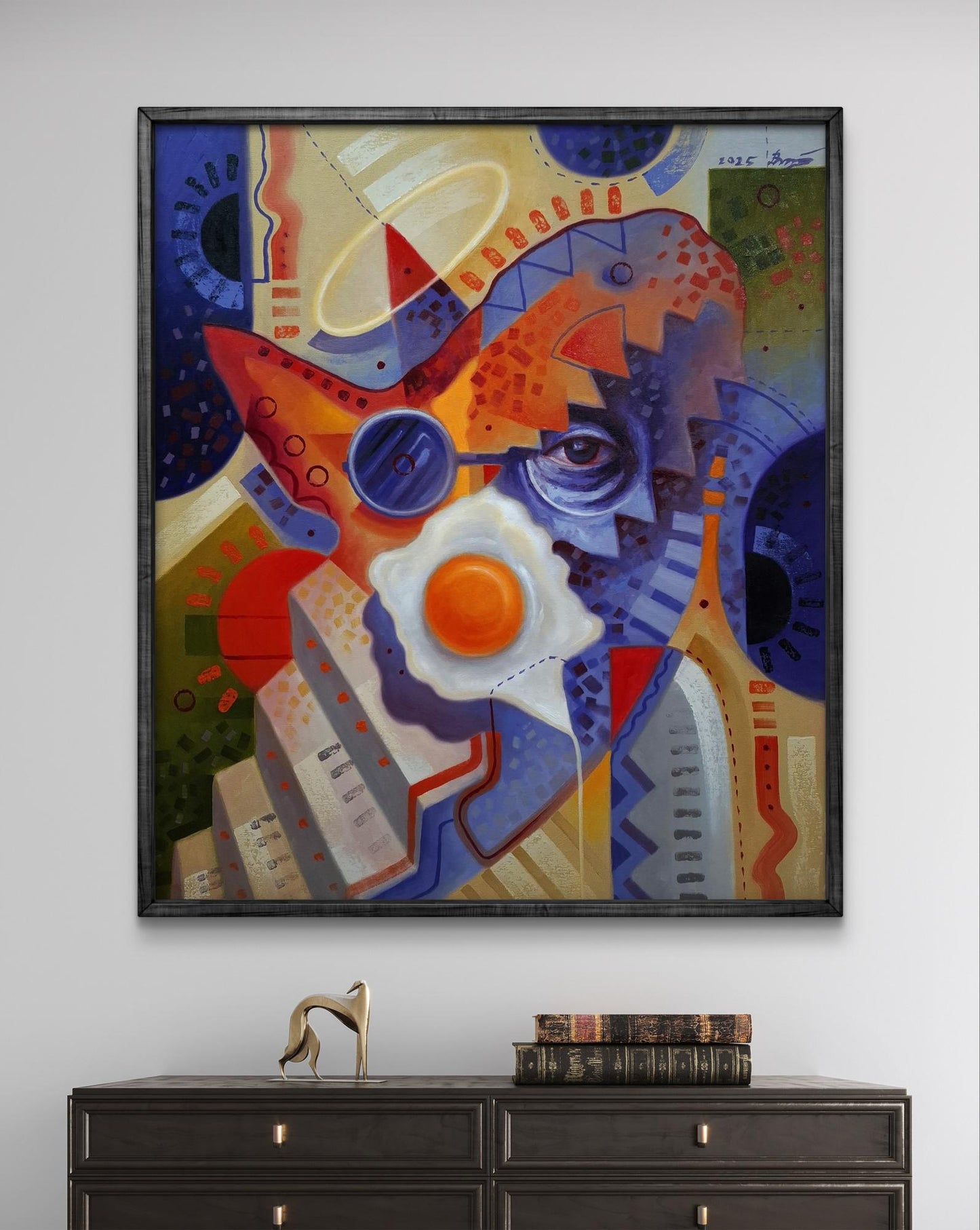 Oil painting Quick breakfast by Sergiy Voichenko: stylized face in vibrant orange, blue, red geometric shapes