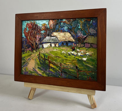 Oil painting Warm rural street by Oksana Ivanyuk with ducks and houses