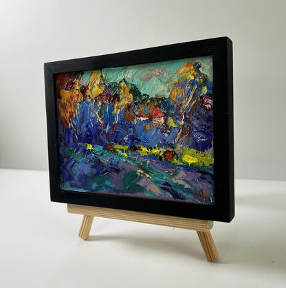 Oil painting Autumn blue forest by Oksana Ivanyuk in black frame