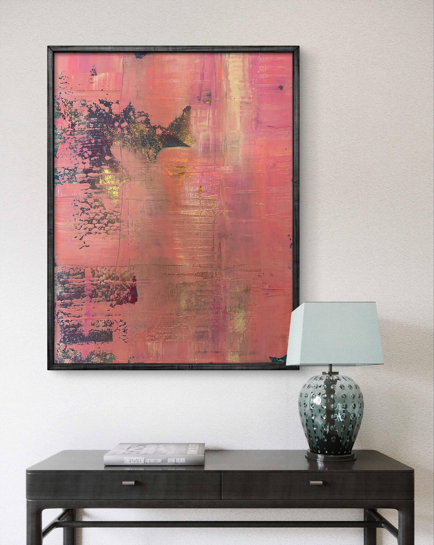 Acrylic painting Tenderness in my eyes by Olga Melezhik, pink gold abstract