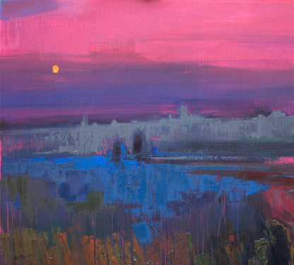 Oil painting Field In The Fog by Natalia Korf-Ivaniuk with vibrant sun