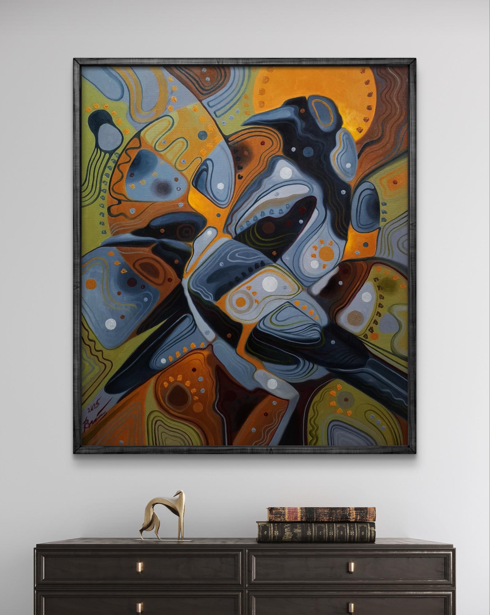 Oil painting of gray crow patterns by Sergiy Voichenko in dark frame