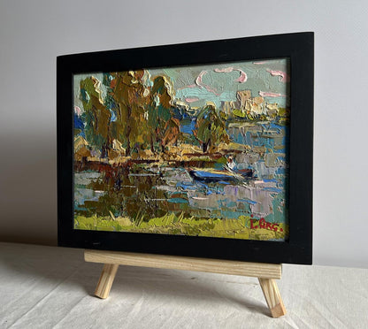 Oil painting Outside the city by boat Oksana Ivanyuk lakeside impressionist art in black frame