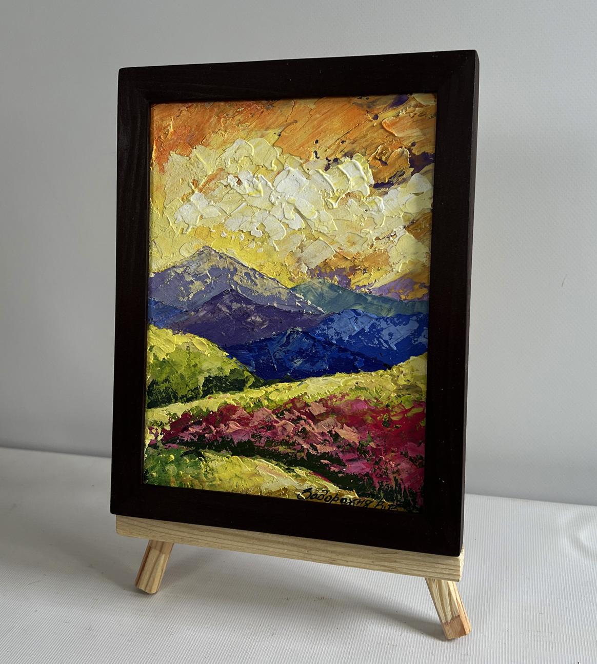 Vibrant oil painting of yellow clouds in mountain valley by V. Zadorozhnya, framed