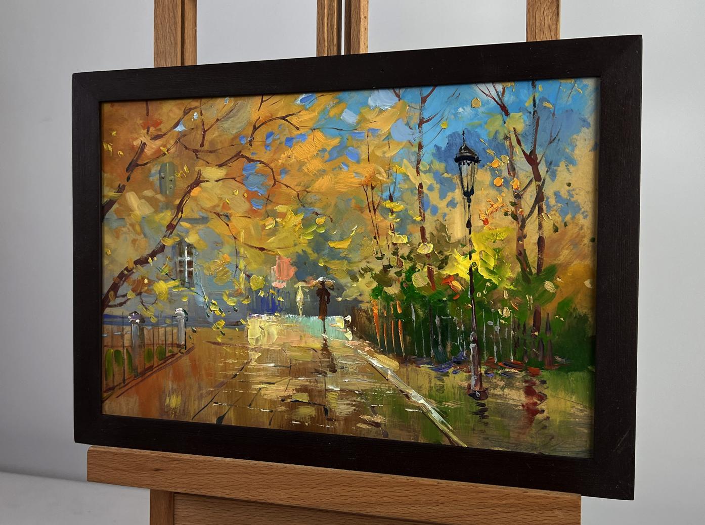 Oil painting Autumn leaves are flying by Yuriy Suprunchuk, rainy street scene