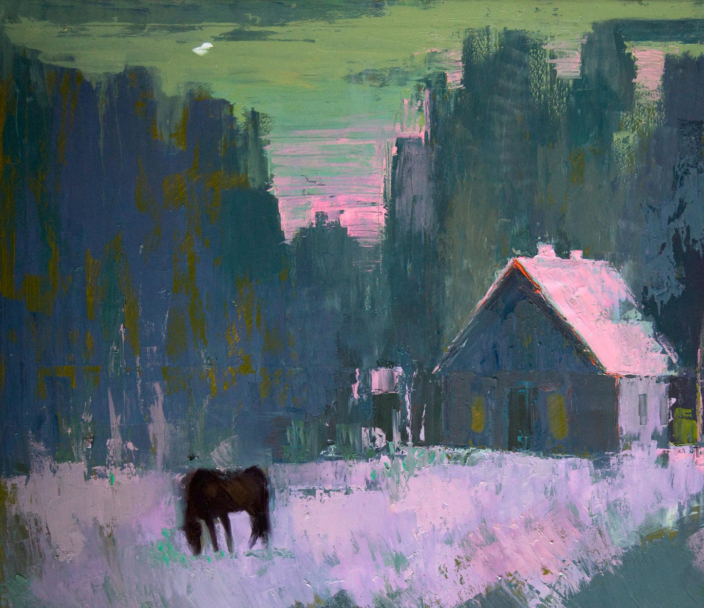Oil painting Fog in the forest by Natalia Korf-Ivaniuk: dark brown horse in purple grass