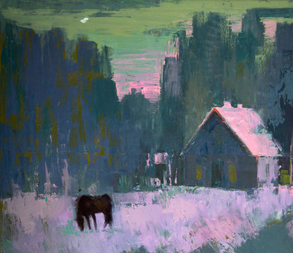 Oil painting Fog in the forest by Natalia Korf-Ivaniuk: dark brown horse in purple grass