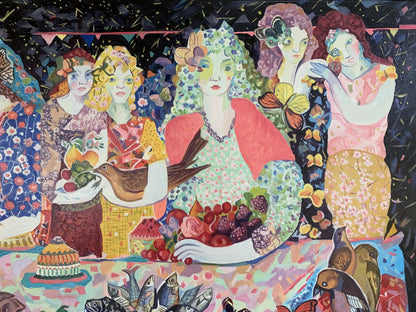Oil painting Girls at the table by V. Konotopsky, vibrant women in floral dresses