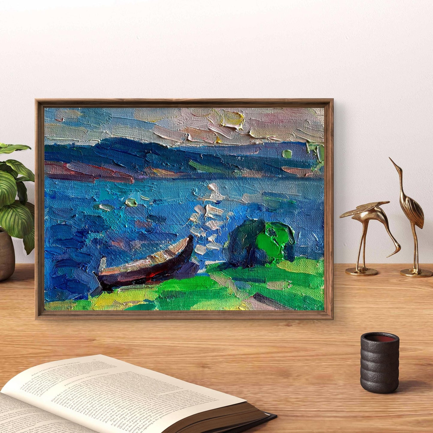 Framed impressionist oil painting of lonely boat on river bank by Pavel Dobrev