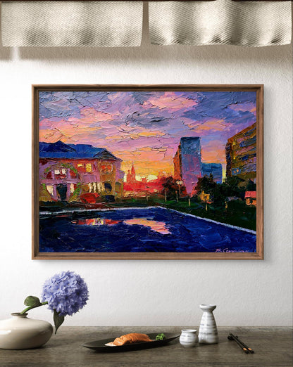 Vibrant impressionist oil painting of city orange sunset by Boris Serdyuk