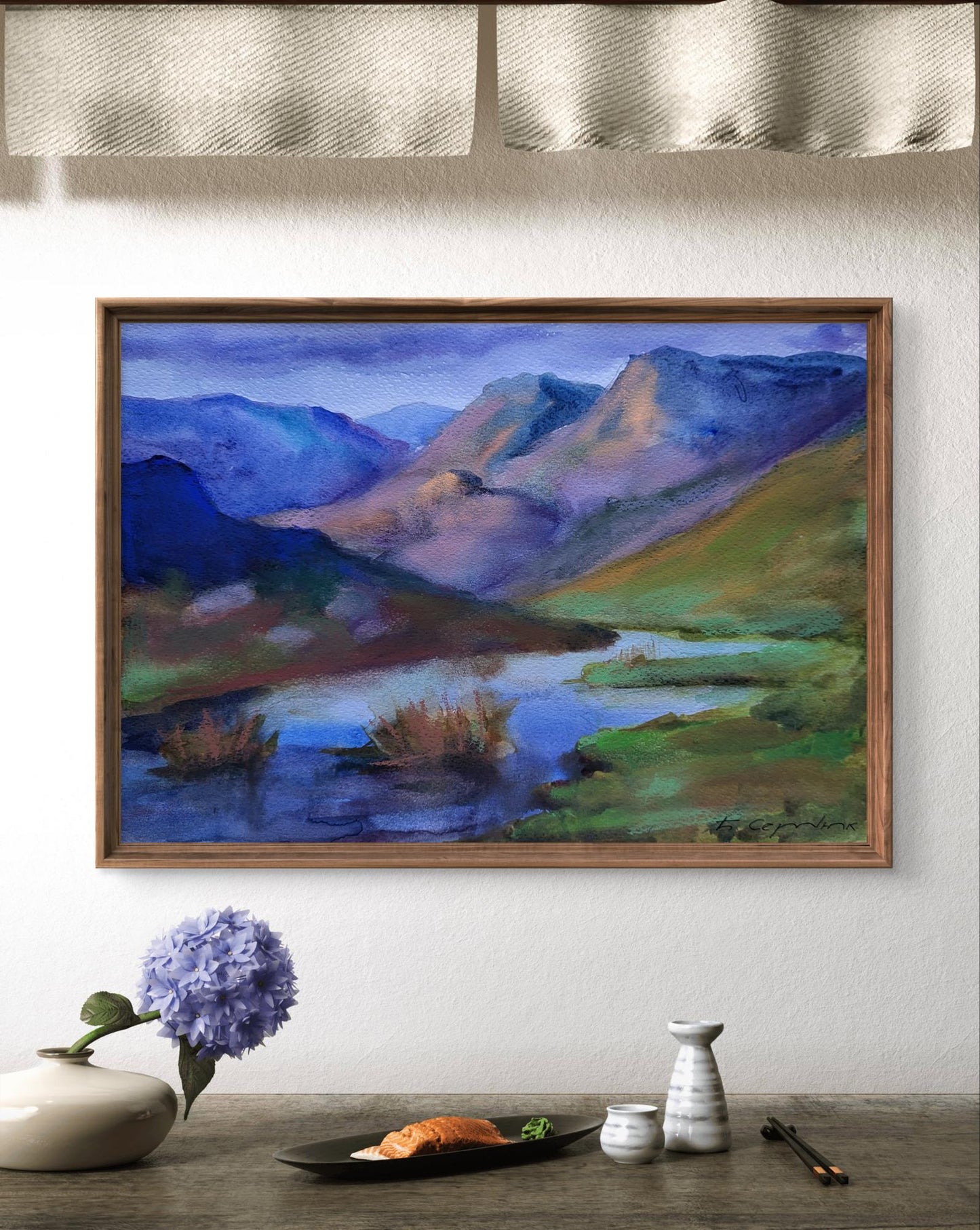 Framed watercolor painting Clouds over the ridges by Boris Serdyuk