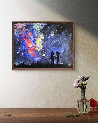 Oil painting Love night Tatyana Derdey: vibrant abstract with figures holding hands