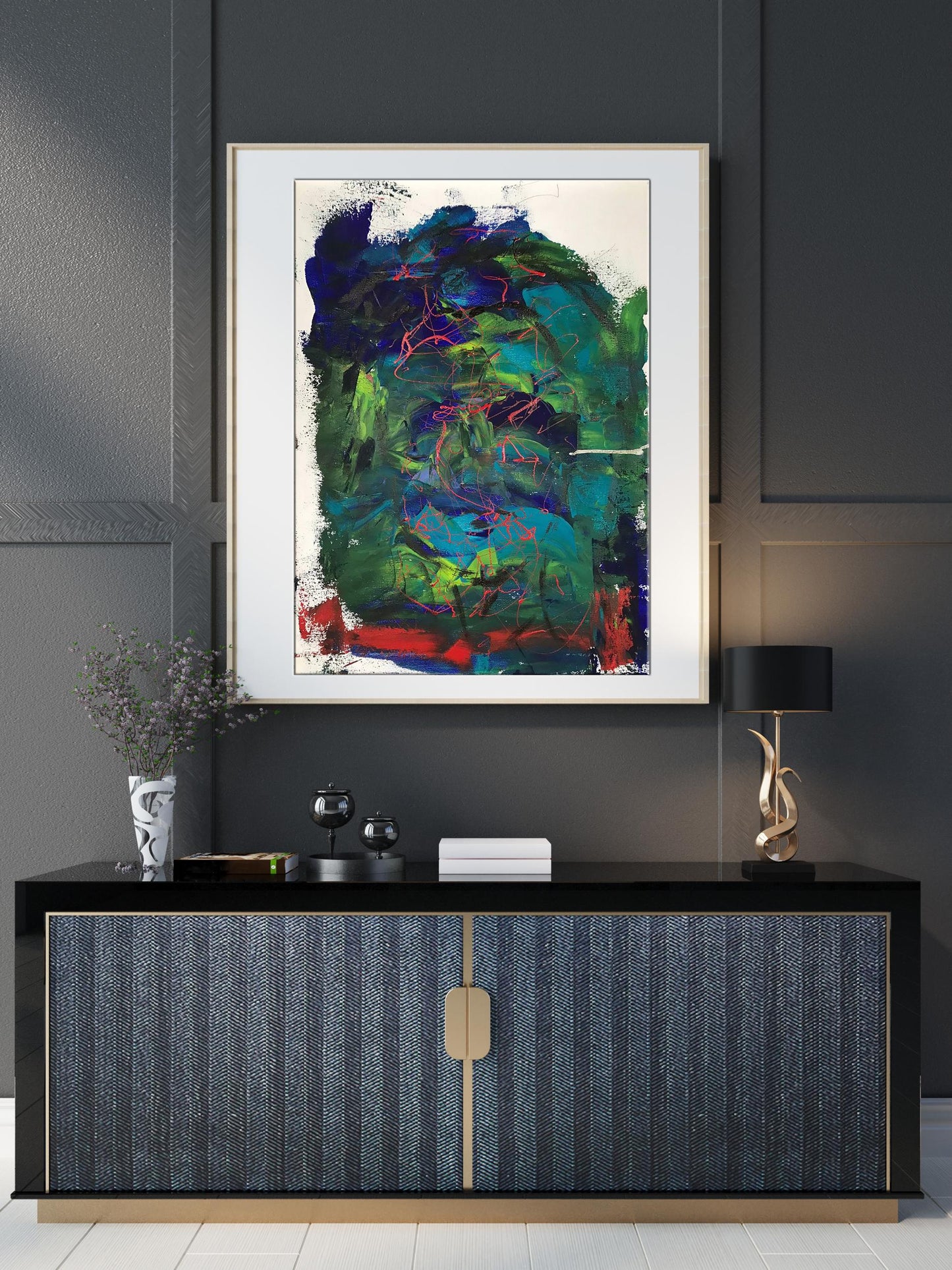 Framed acrylic painting Face Olga Melezhik with bold green blue red strokes