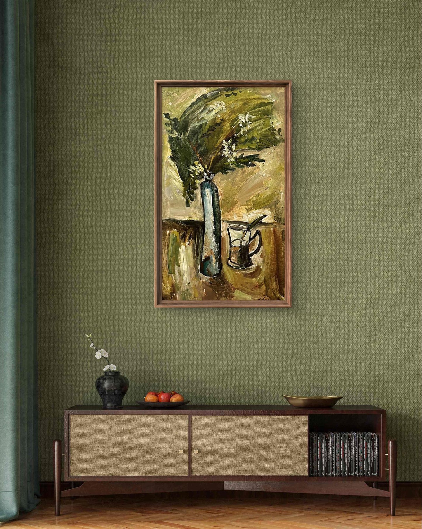 Oil painting Still life with acacia branch by Oleksandr Andreev in frame