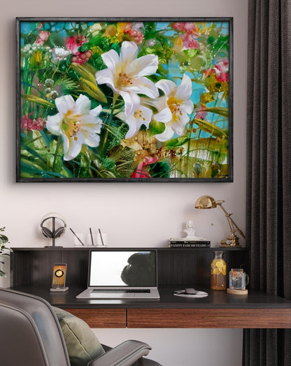 Abstract oil painting of summer flowers by Anatoly Tarabanov with white lilies