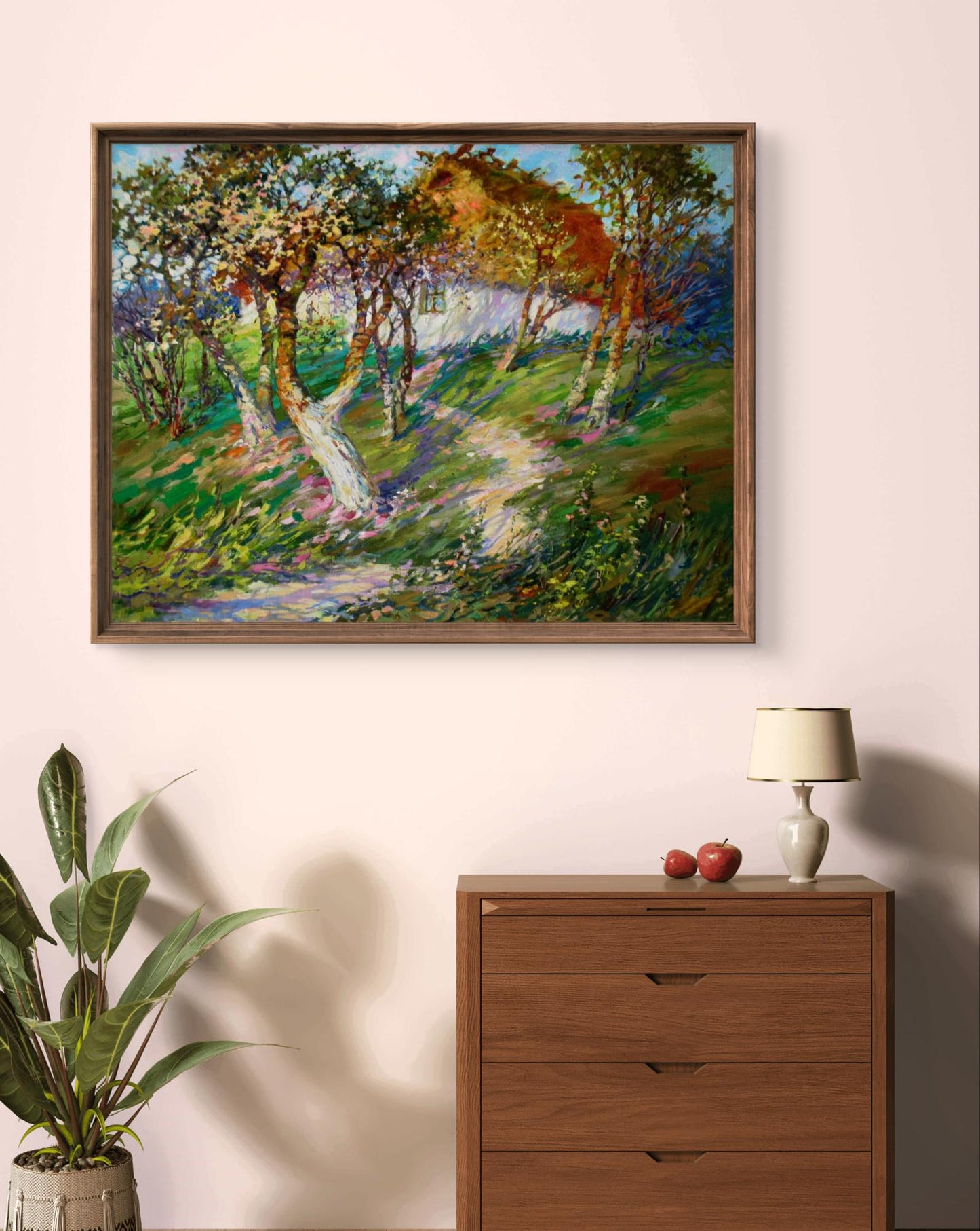 Framed impressionist oil painting of blooming garden cottage by Yuriy Suprunchuk